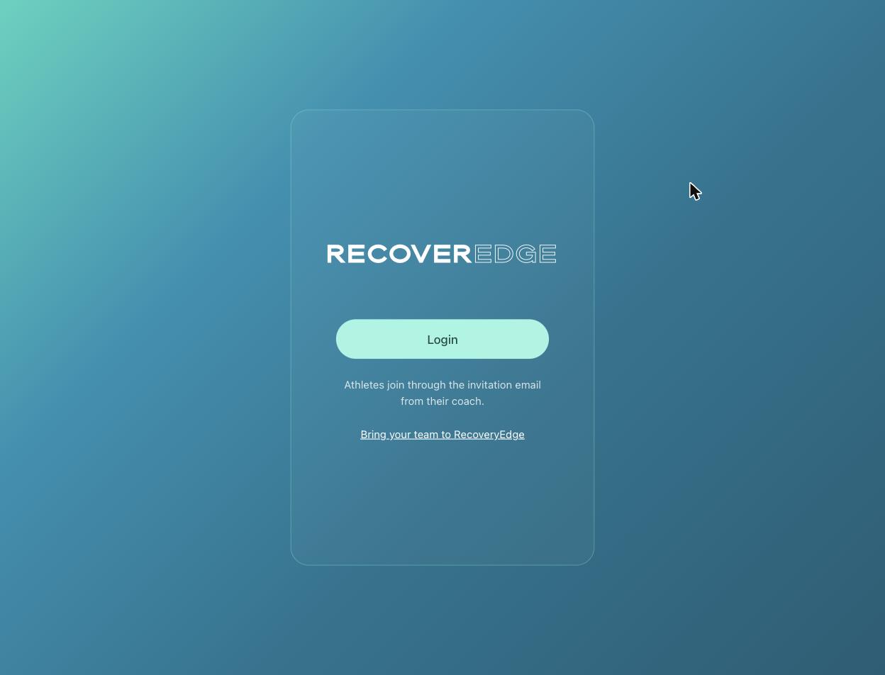 RecoveryEdge sign-in screen, showing that athletes join through a coach's invitation email rather than open sign-up