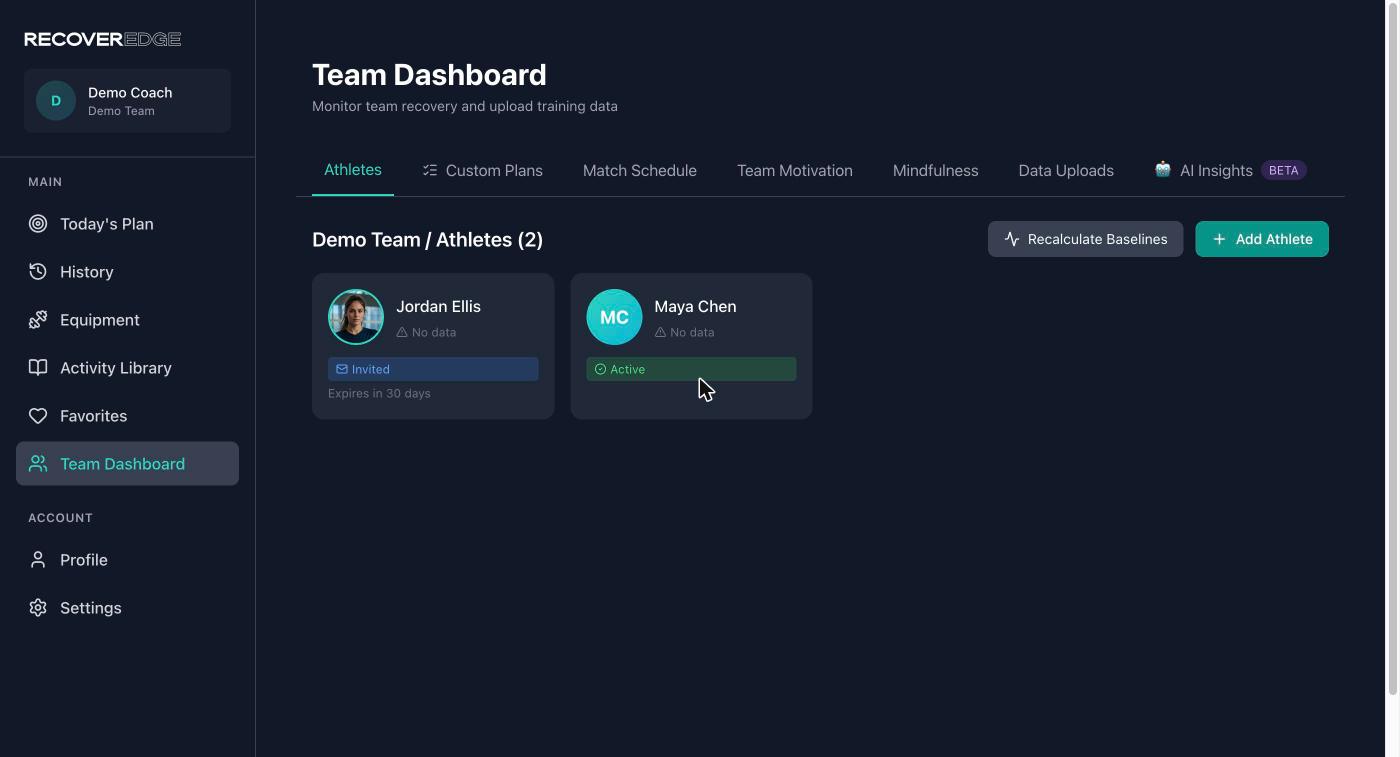 Coach's team dashboard showing two athletes, one active and one invited, with tabs for custom plans, match schedule, and team motivation